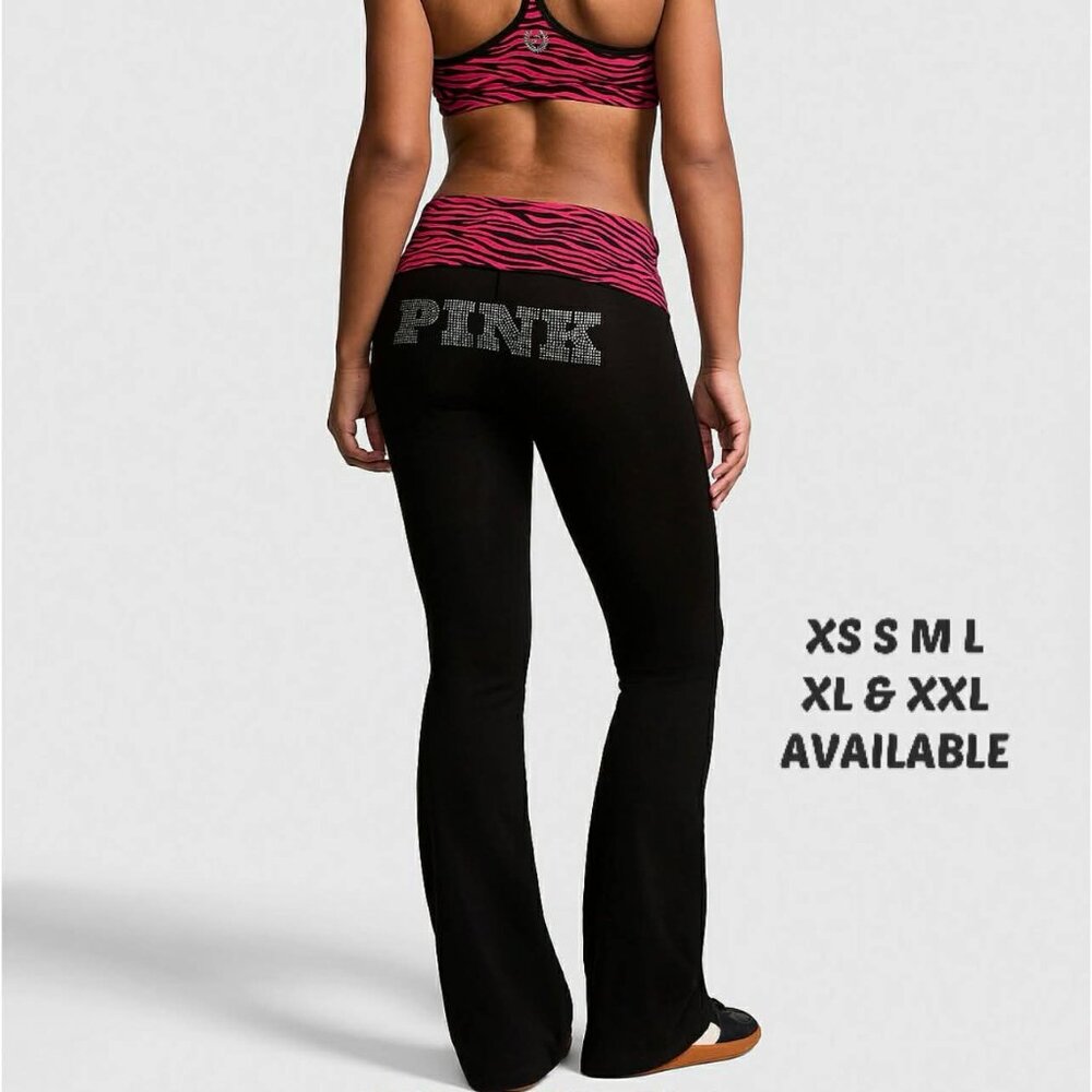VS PINK ZEBRA PRINT WAISTBAND FOLDOVER FLARE BLACK LEGGINGS & BLING LOGO & SHORT